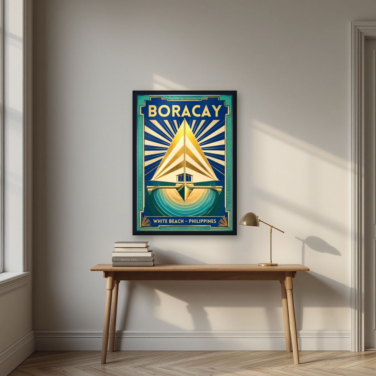 Layag — Boracay art print, in a black frame, styled in a desk