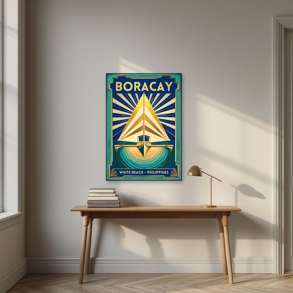 Layag — Boracay art print, unframed poster, styled in a desk