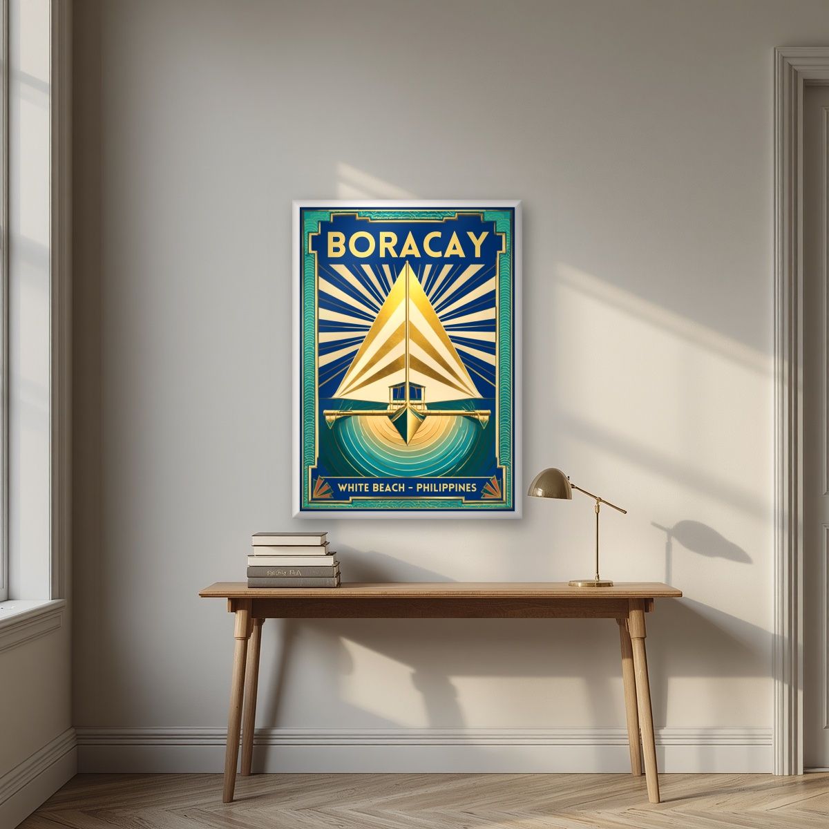 Layag — Boracay art print, in a white frame, styled in a desk