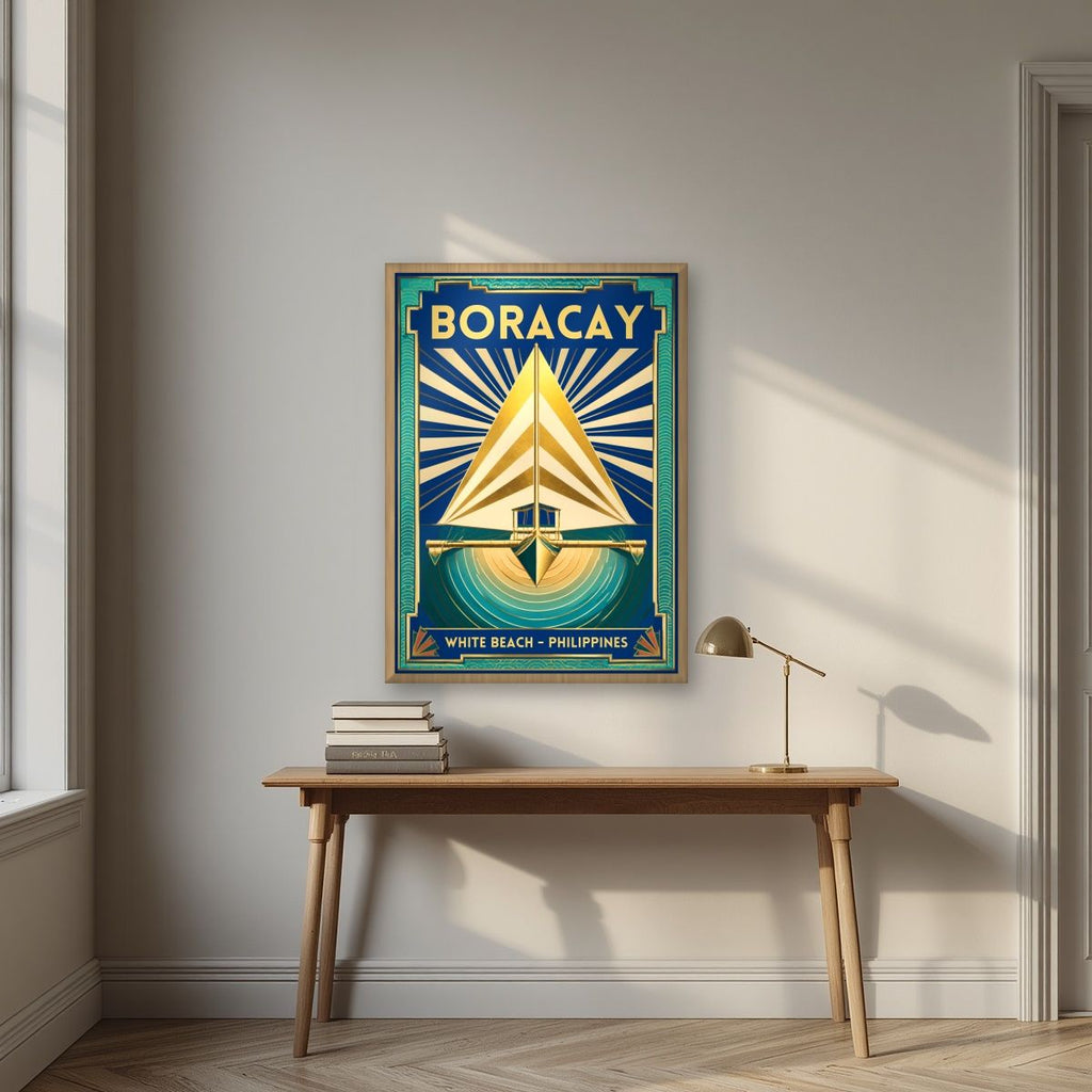 Layag — Boracay art print, in an oak frame, styled in a desk