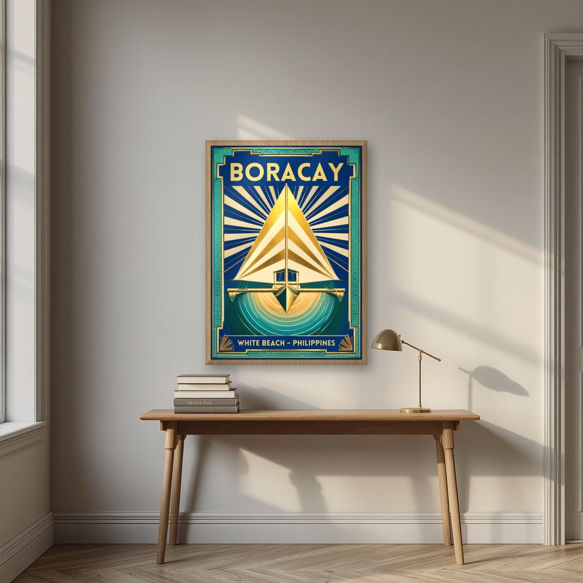 Layag — Boracay art print, in an oak frame, styled in a desk