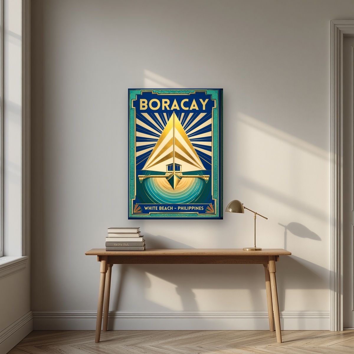 Layag — Boracay art print, on slim canvas, styled in a desk