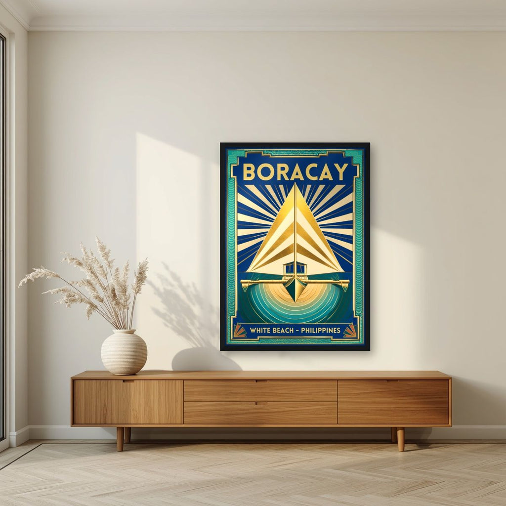 Layag — Boracay art print, in a black frame, styled in a living room