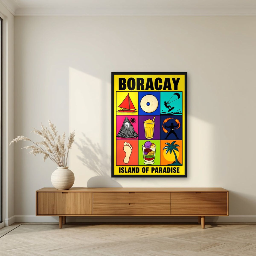 Paraiso — Boracay art print, in a black frame, styled in a living room