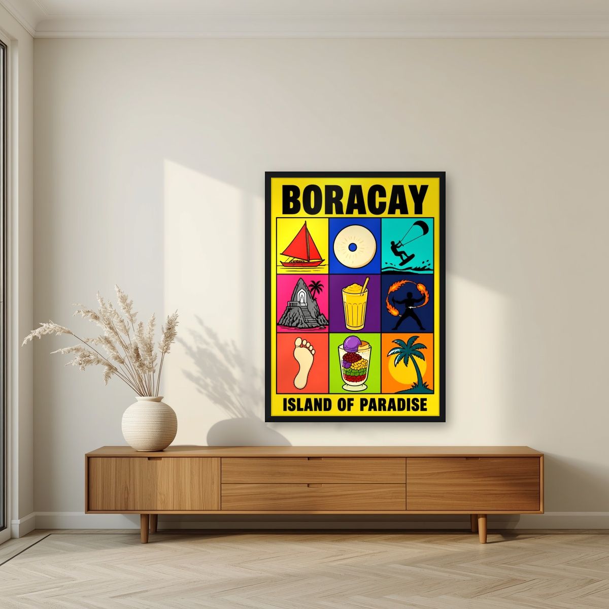 Paraiso — Boracay art print, in a black frame, styled in a living room