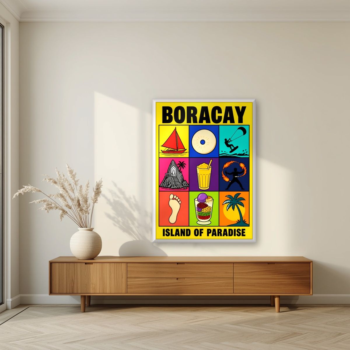 Paraiso — Boracay art print, in a white frame, styled in a living room