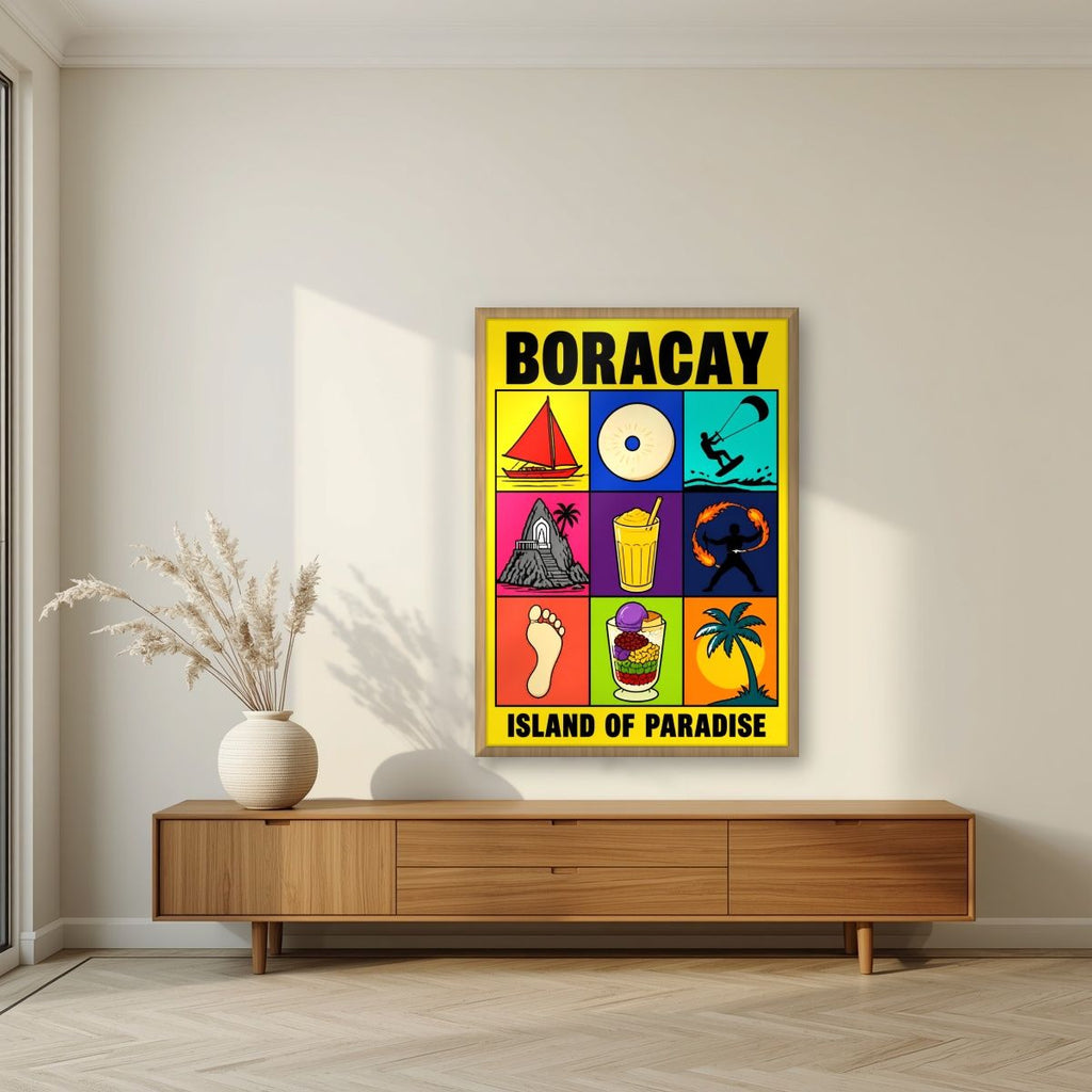 Paraiso — Boracay art print, in an oak frame, styled in a living room