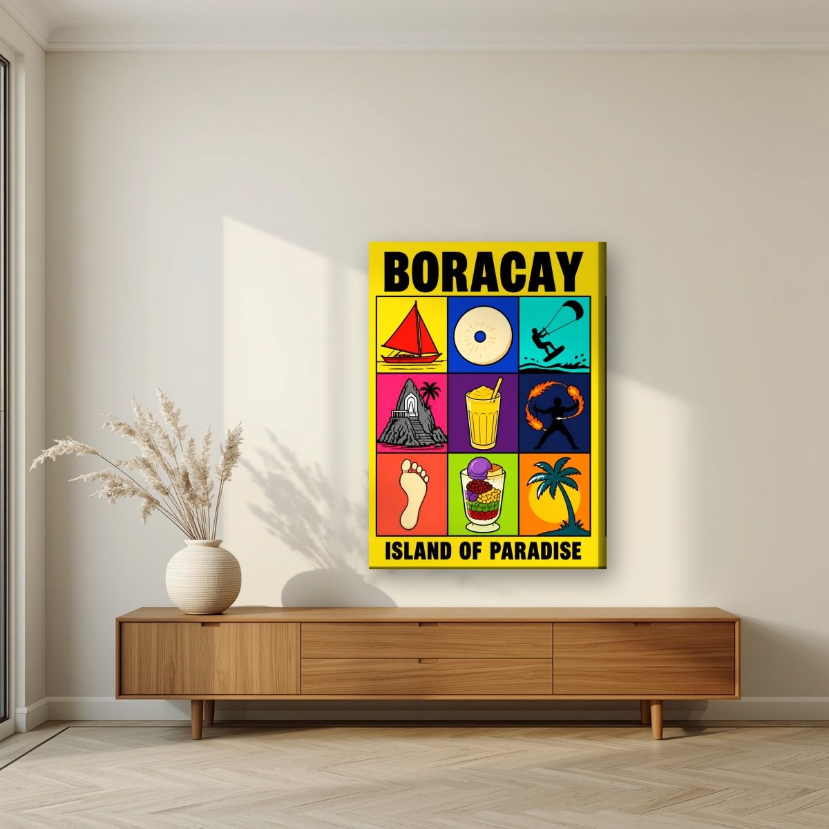 Paraiso — Boracay art print, on slim canvas, styled in a living room