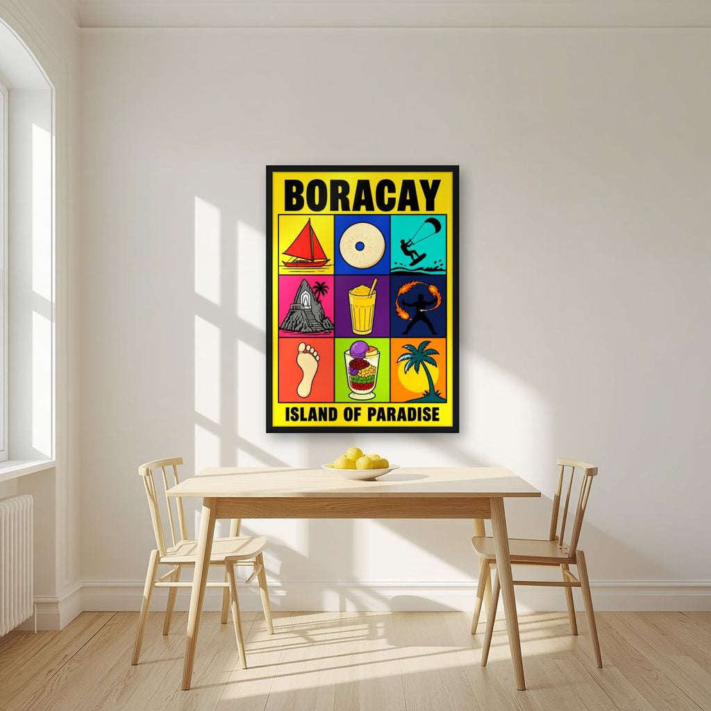 Paraiso — Boracay art print, in a black frame, styled in a kitchen