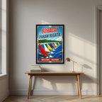 Paraw Regatta — Boracay art print, in a black frame, styled in a desk