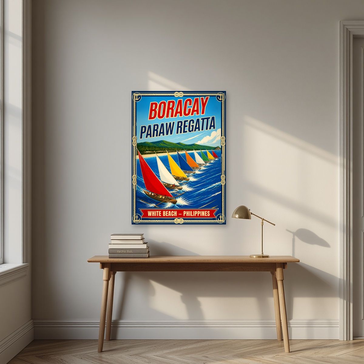 Paraw Regatta — Boracay art print, unframed poster, styled in a desk