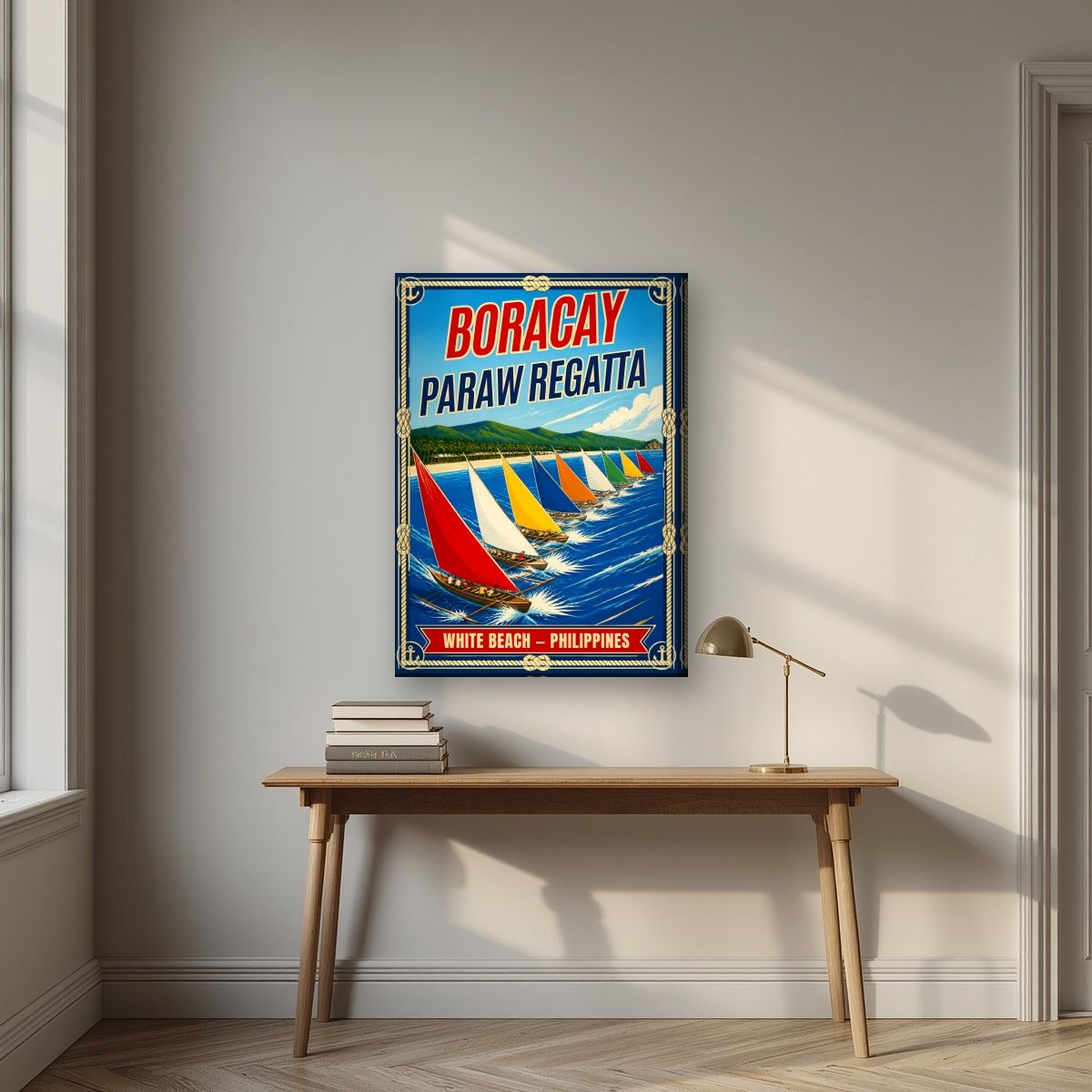 Paraw Regatta — Boracay art print, on slim canvas, styled in a desk