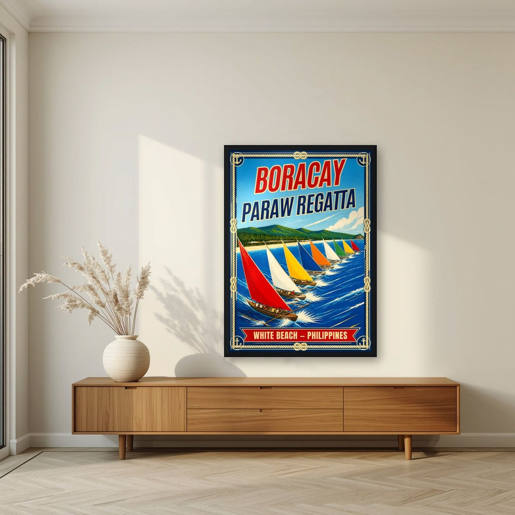 Paraw Regatta — Boracay art print, in a black frame, styled in a living room