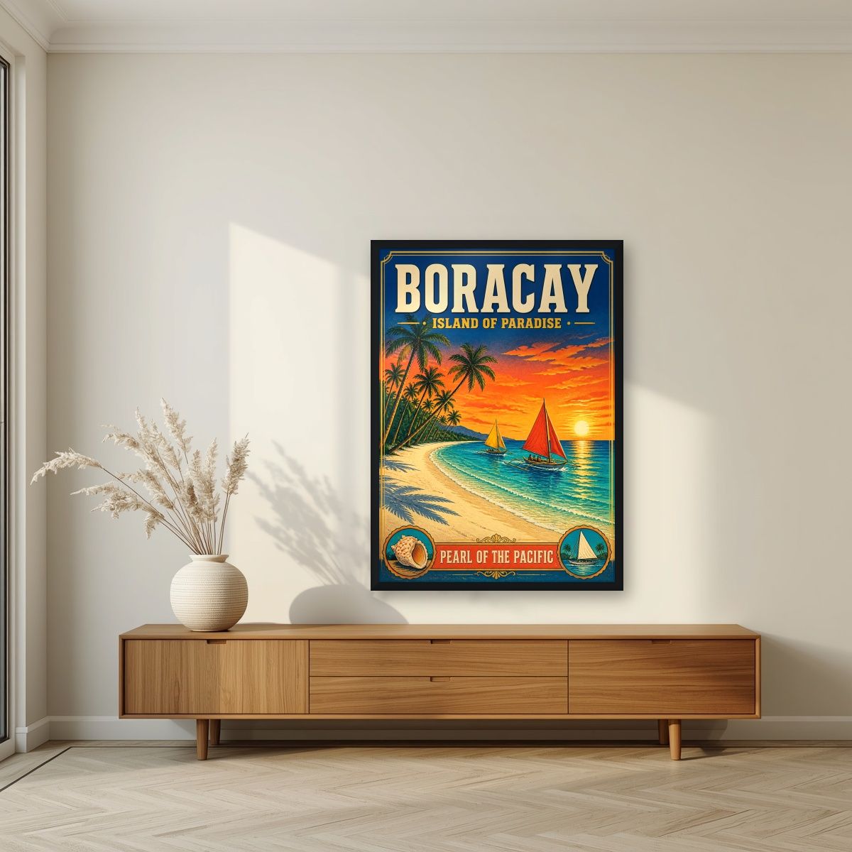 Pearl of the Pacific — Boracay art print, in a black frame, styled in a living room