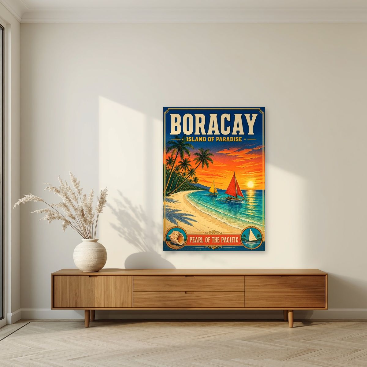Pearl of the Pacific — Boracay art print, unframed poster, styled in a living room