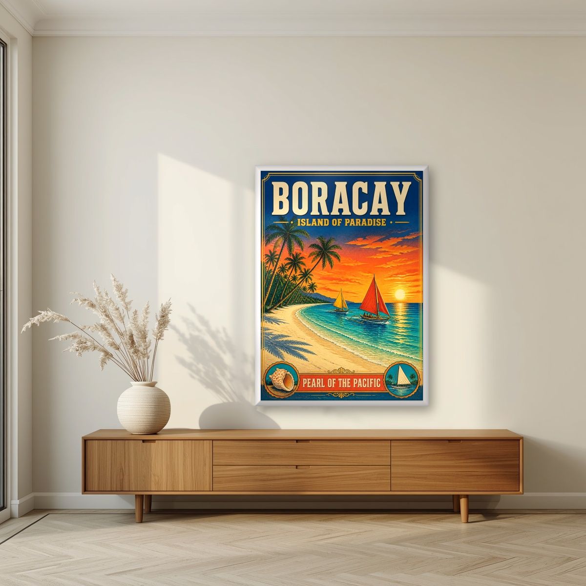 Pearl of the Pacific — Boracay art print, in a white frame, styled in a living room