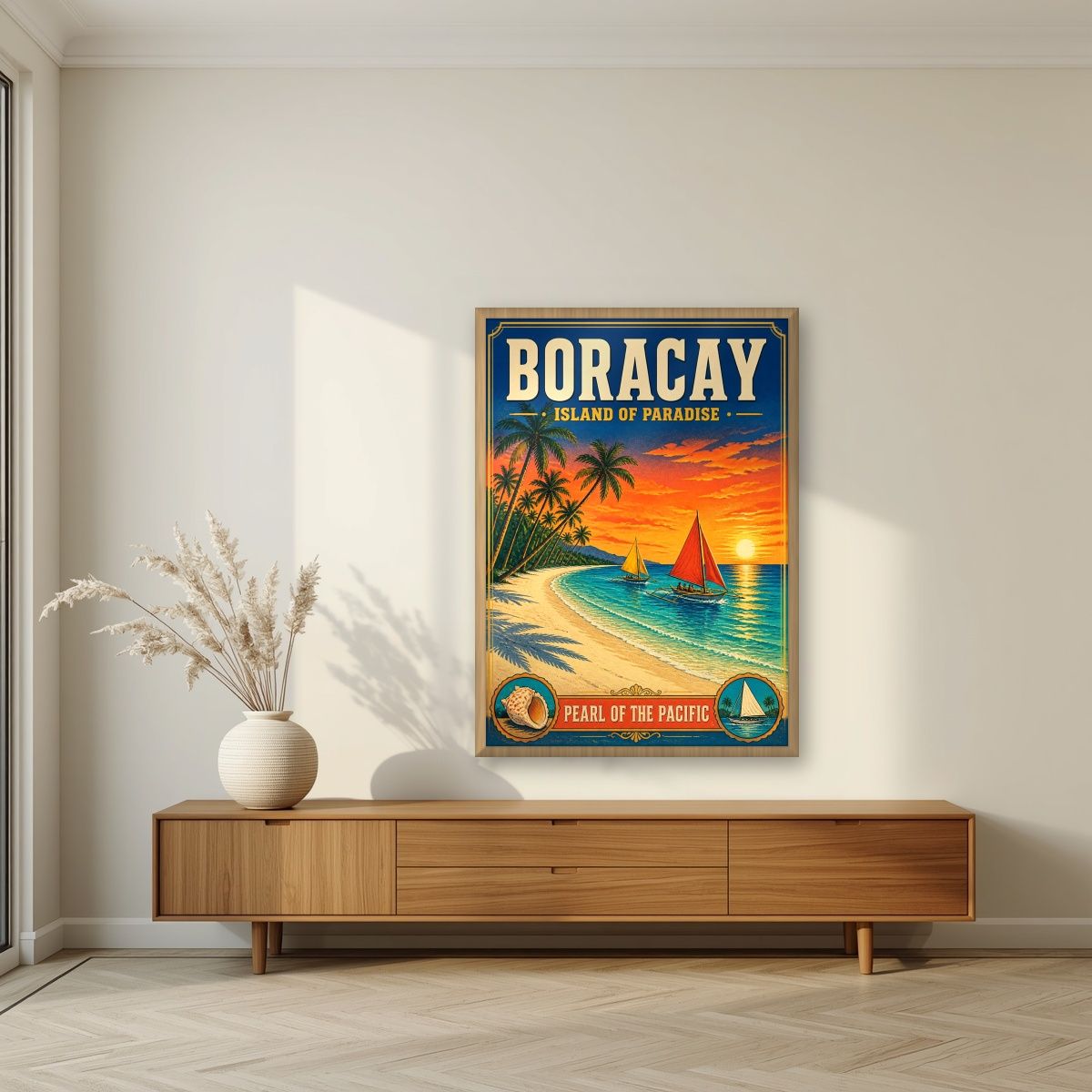 Pearl of the Pacific — Boracay art print, in an oak frame, styled in a living room
