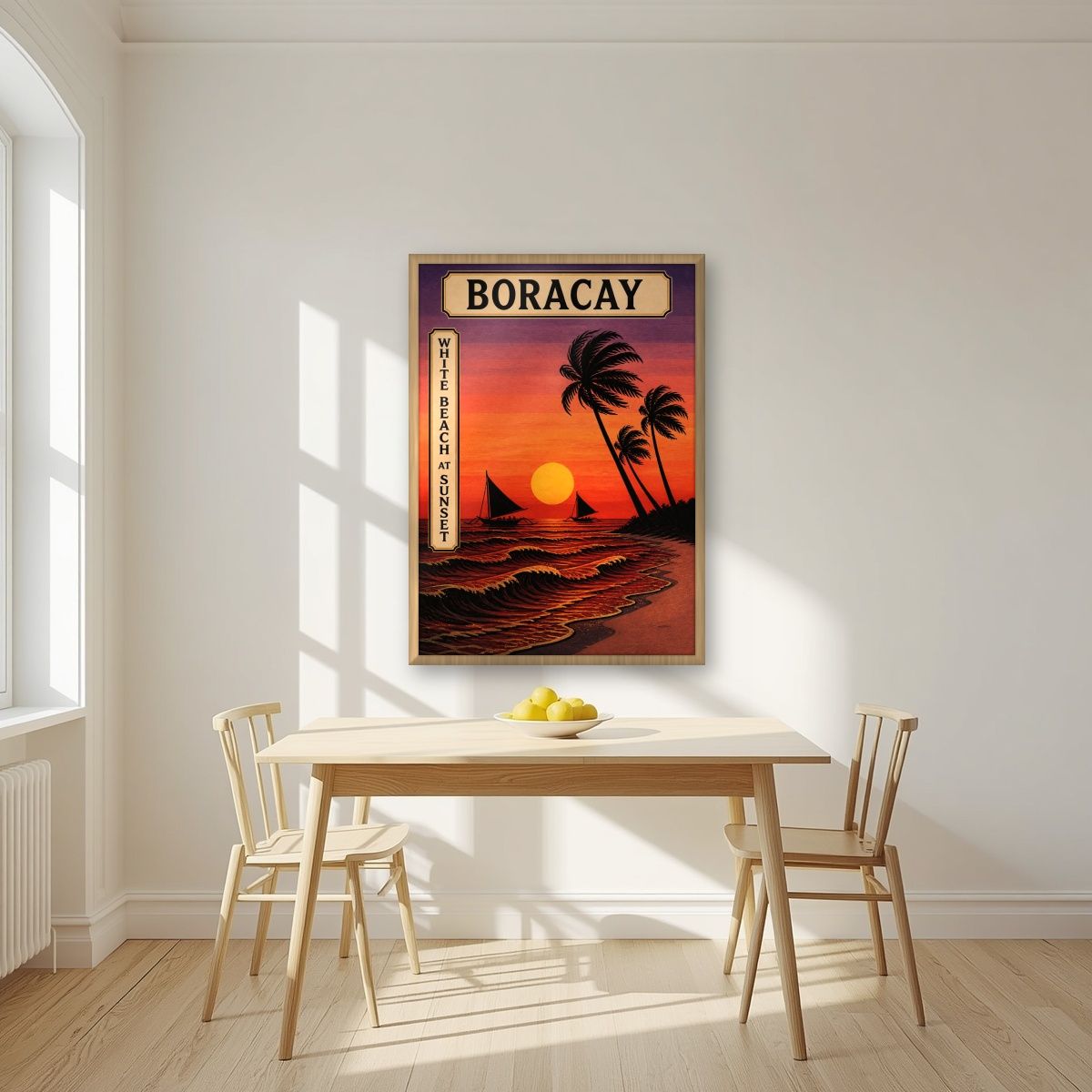 Takipsilim — Boracay art print, in an oak frame, styled in a kitchen