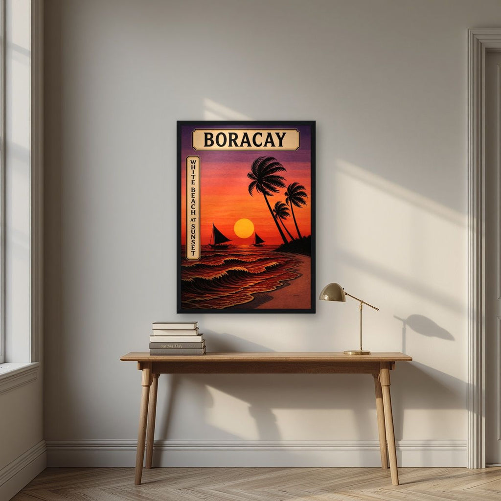 Takipsilim — Boracay art print, in a black frame, styled in a desk