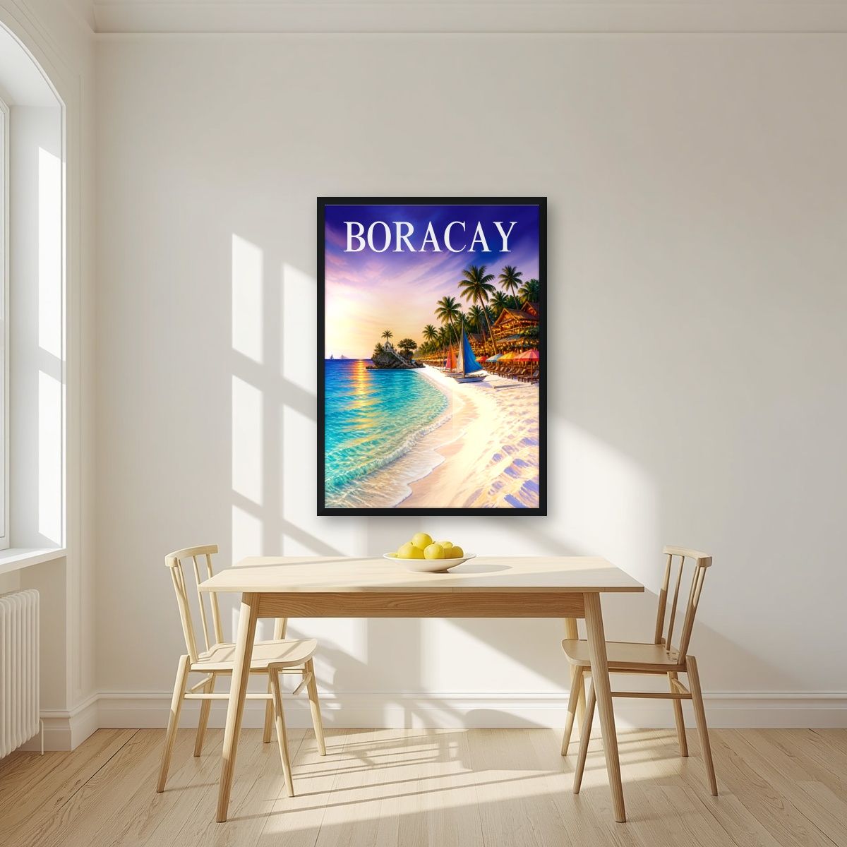 White Beach — Boracay art print, in a black frame, styled in a kitchen