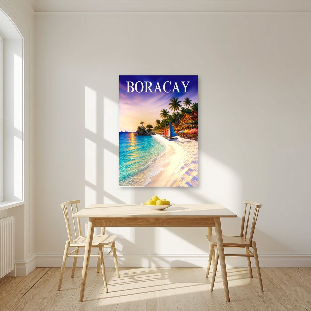 White Beach — Boracay art print, unframed poster, styled in a kitchen