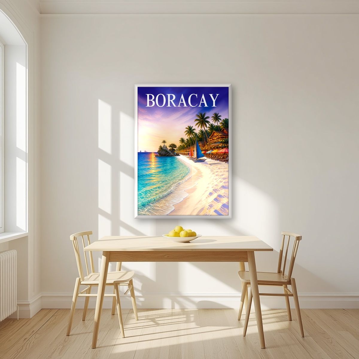 White Beach — Boracay art print, in a white frame, styled in a kitchen
