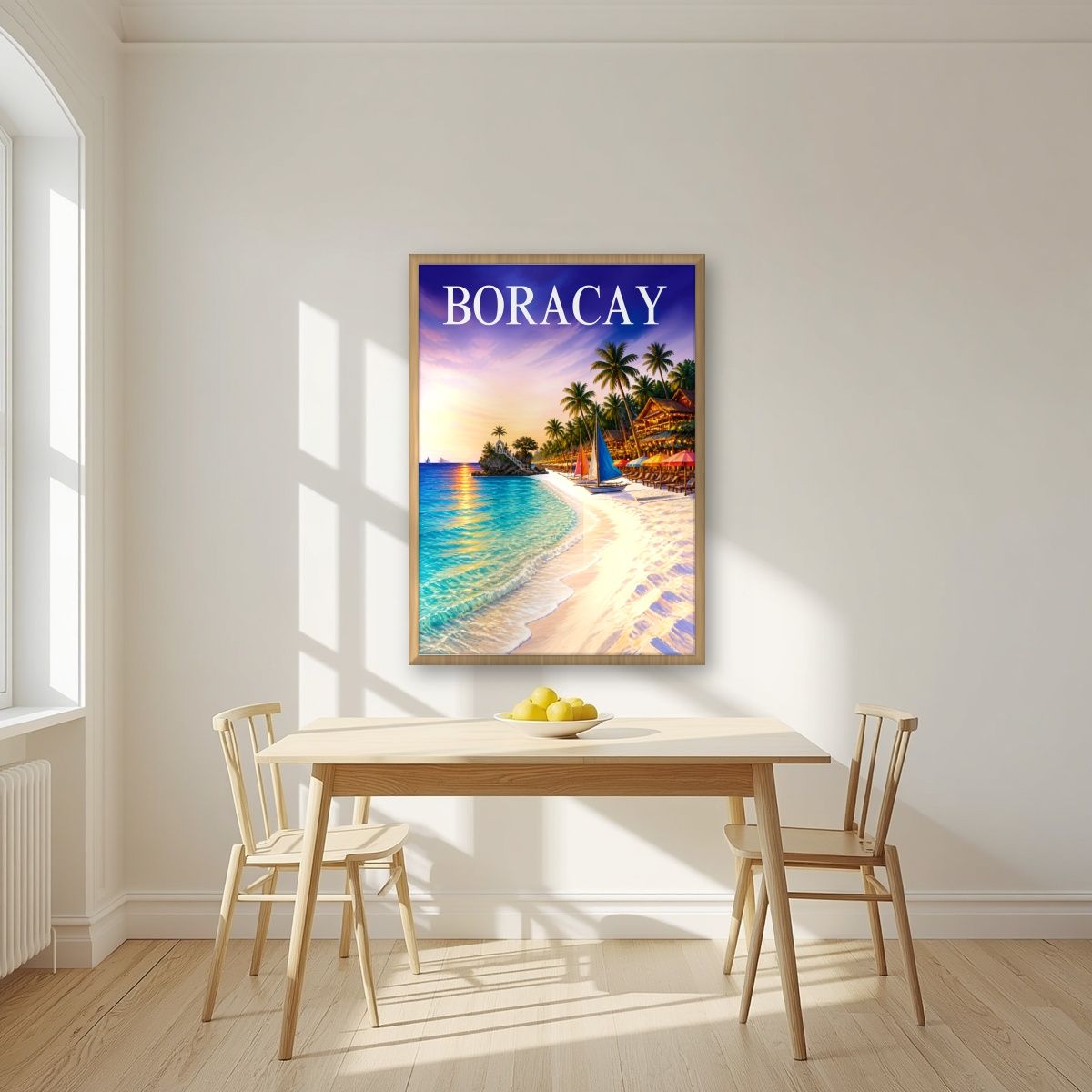 White Beach — Boracay art print, in an oak frame, styled in a kitchen