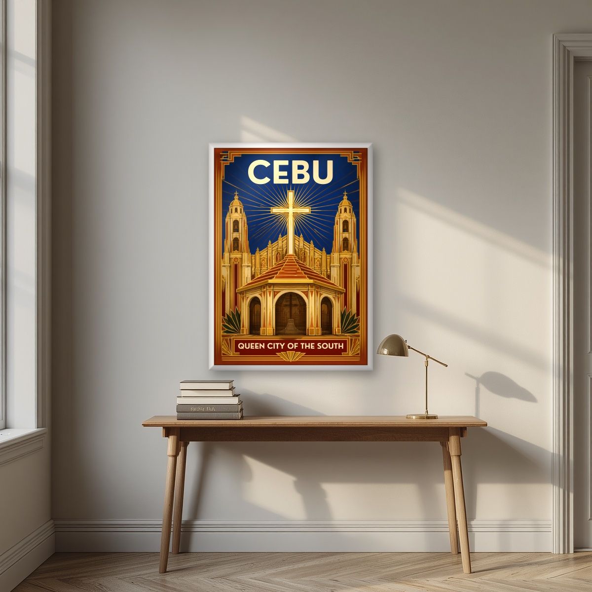 Basilika — Cebu art print, in a white frame, styled in a desk