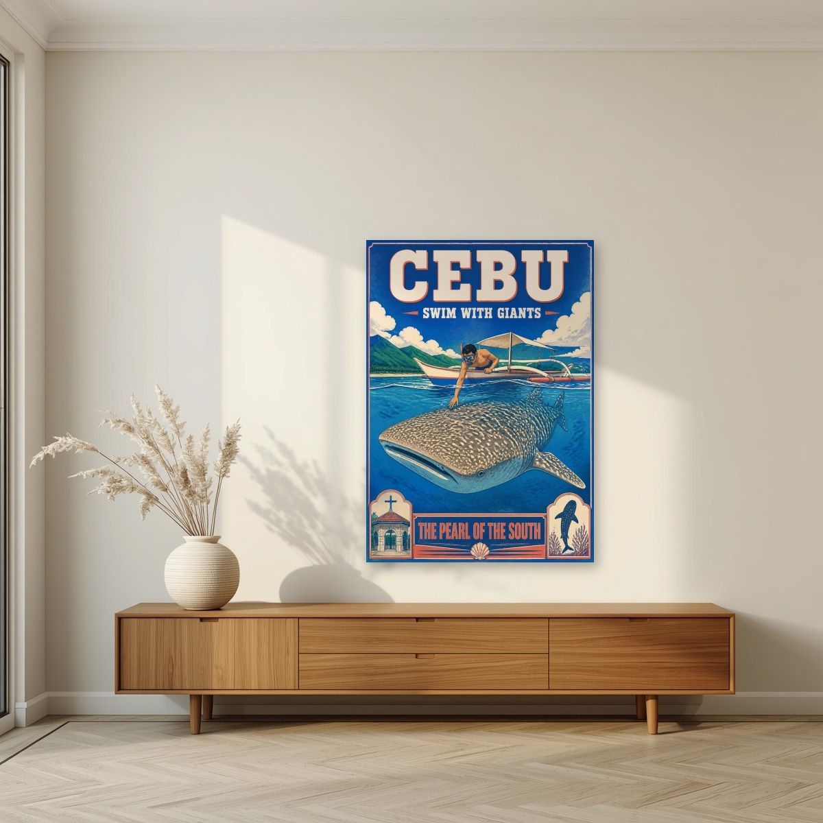Butanding — Cebu art print, unframed poster, styled in a living room