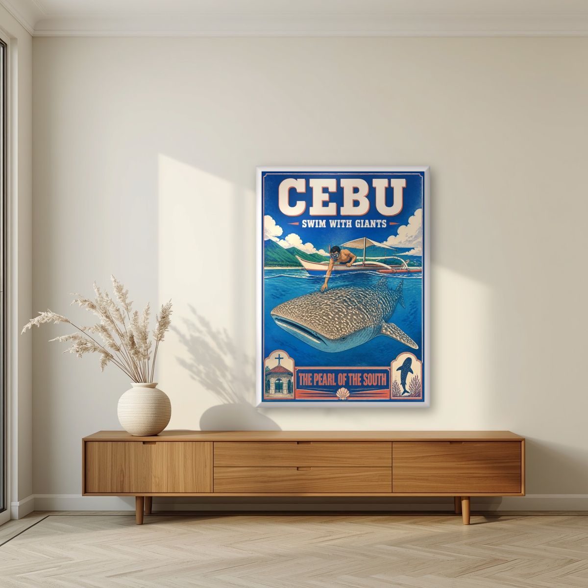 Butanding — Cebu art print, in a white frame, styled in a living room