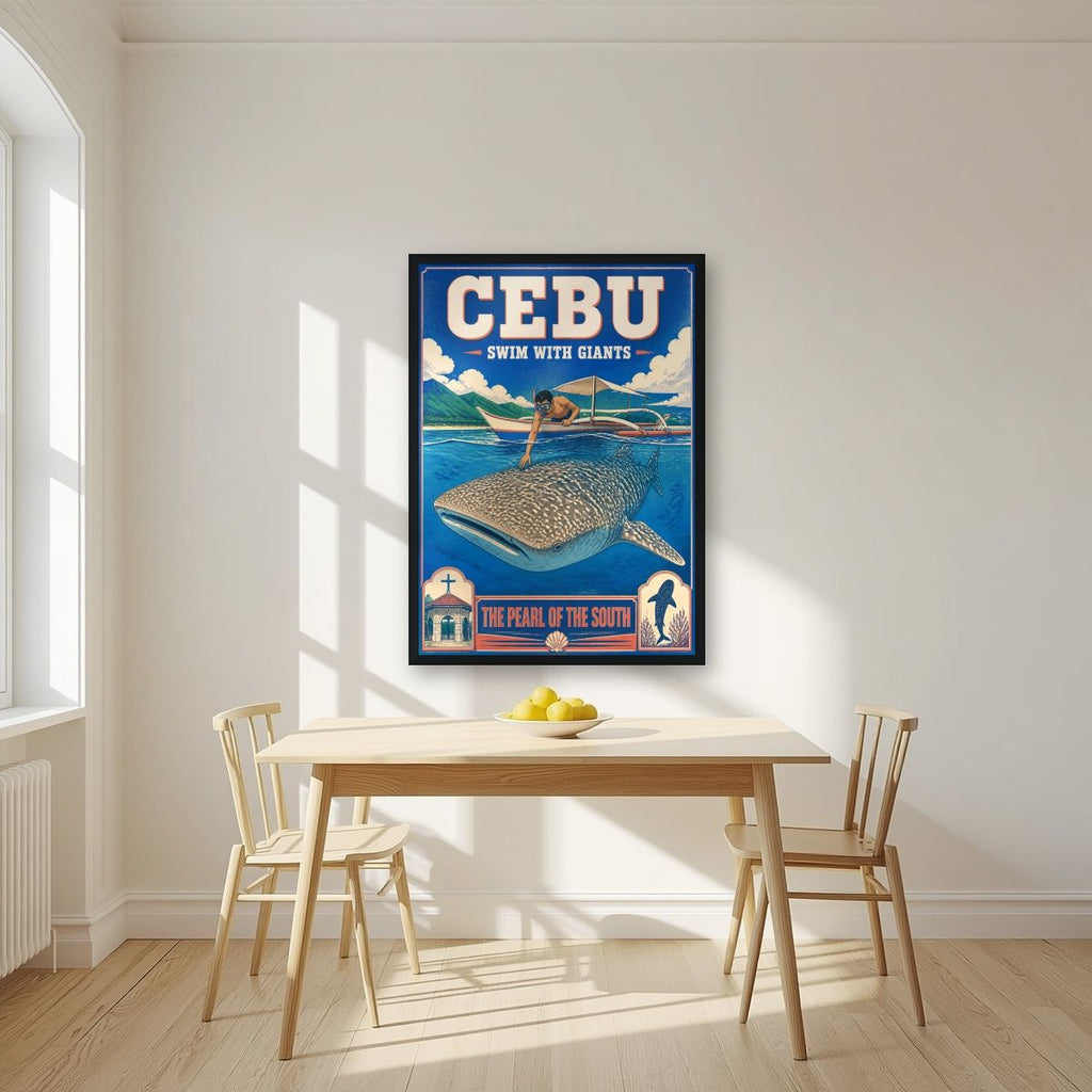 Butanding — Cebu art print, in a black frame, styled in a kitchen