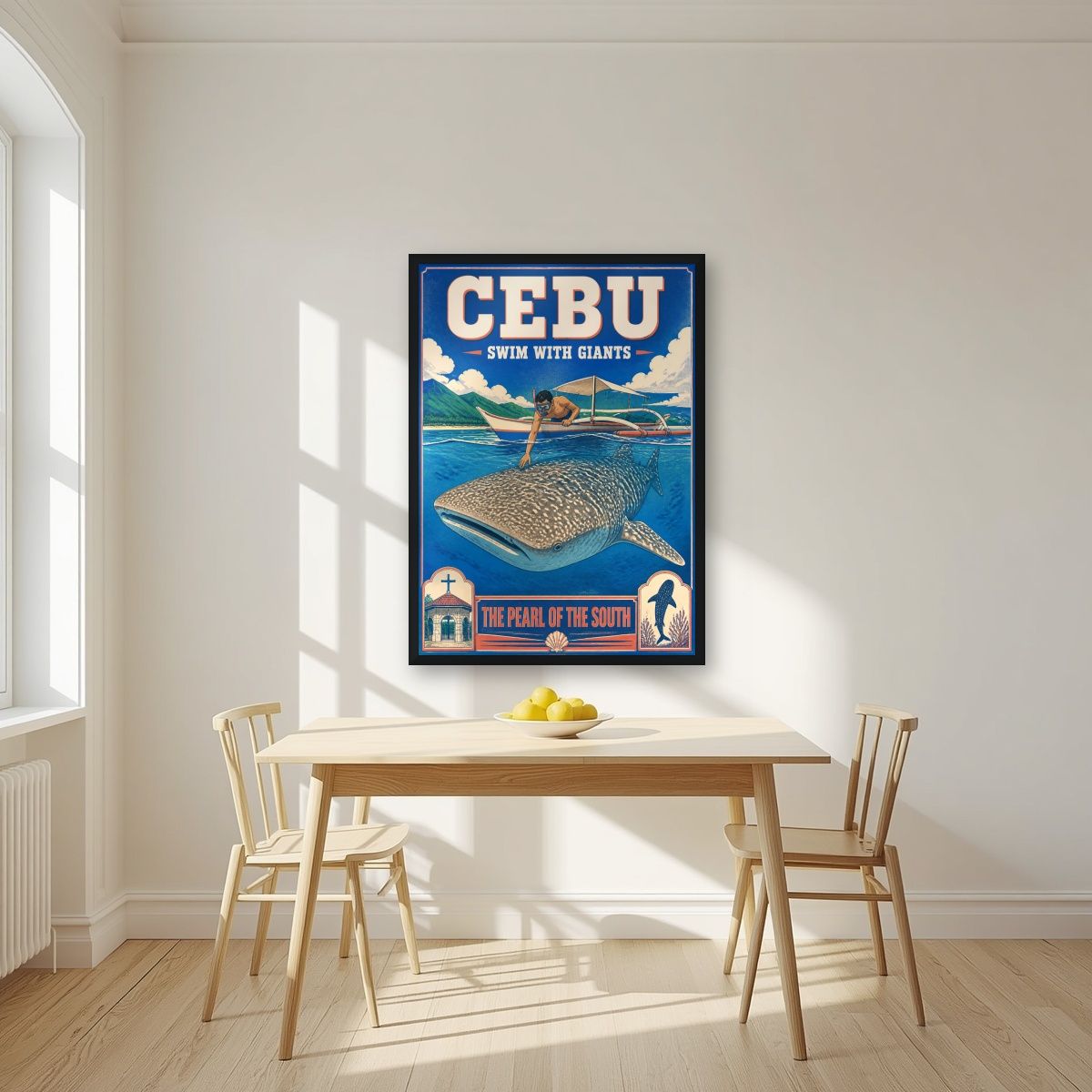 Butanding — Cebu art print, in a black frame, styled in a kitchen
