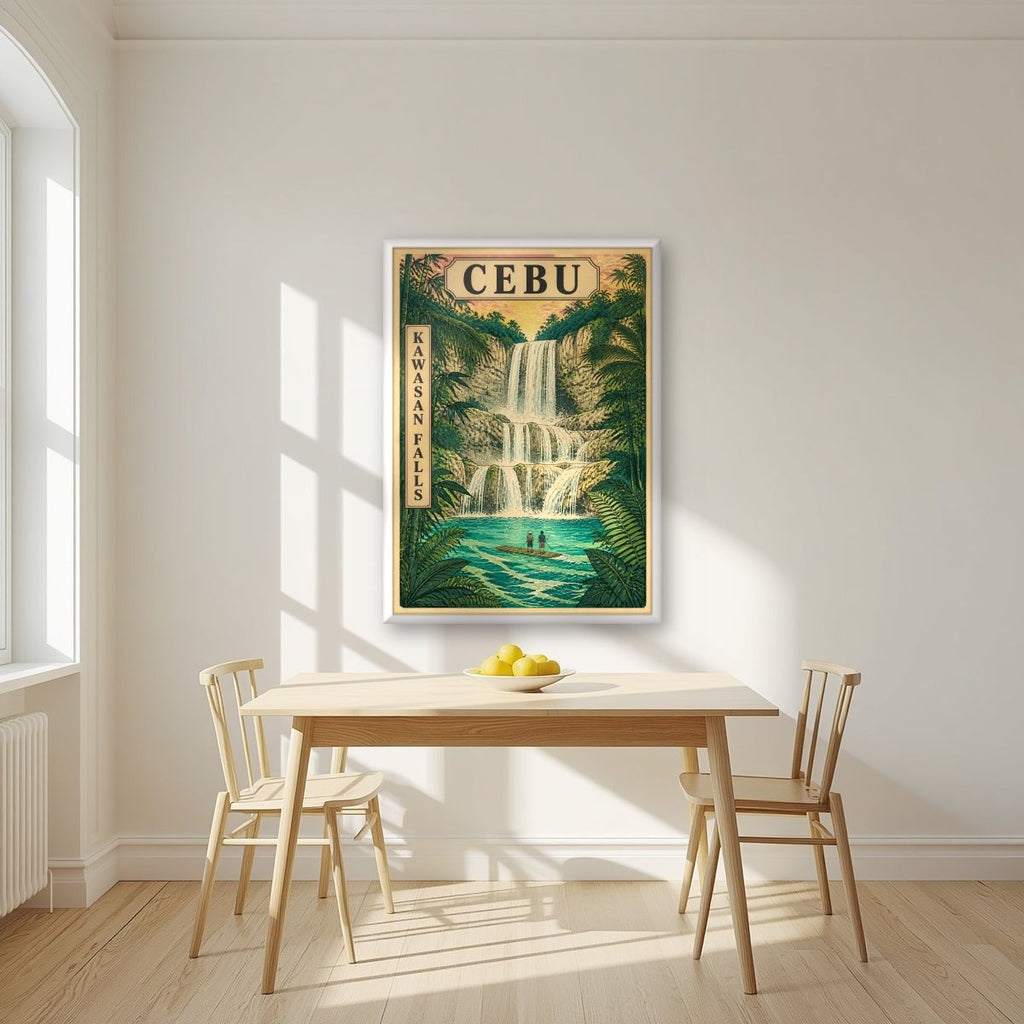 Kawasan — Cebu art print, in a white frame, styled in a kitchen