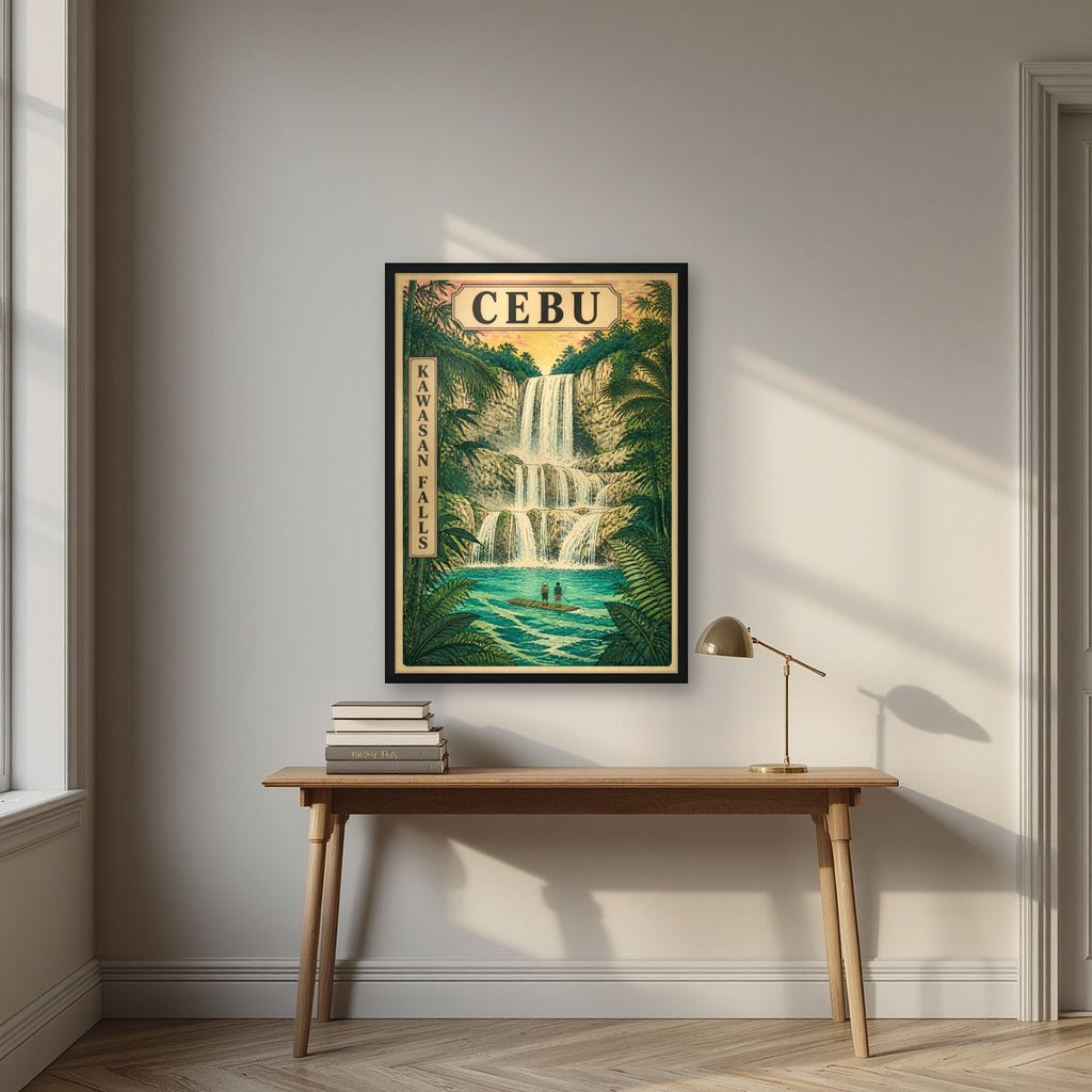 Kawasan — Cebu art print, in a black frame, styled in a desk