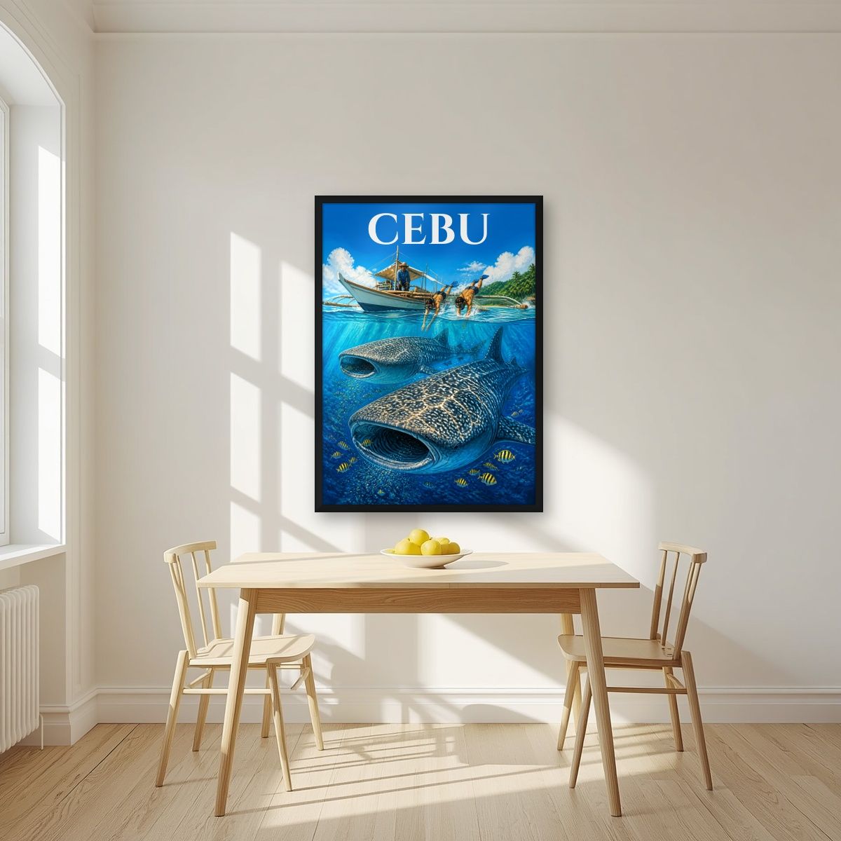 Oslob Deep — Cebu art print, in a black frame, styled in a kitchen