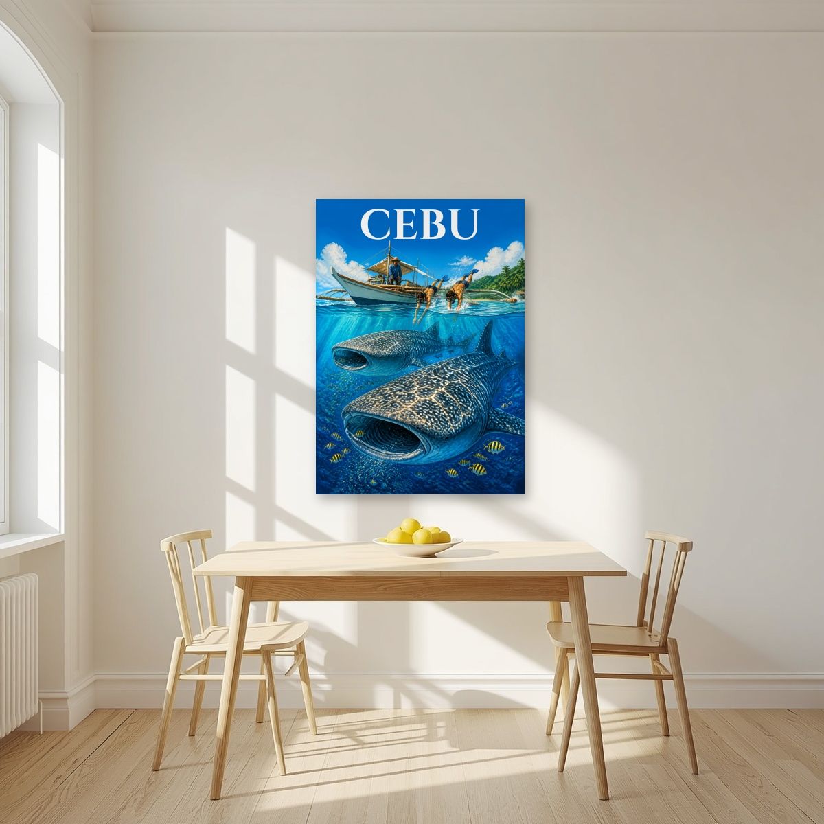 Oslob Deep — Cebu art print, unframed poster, styled in a kitchen