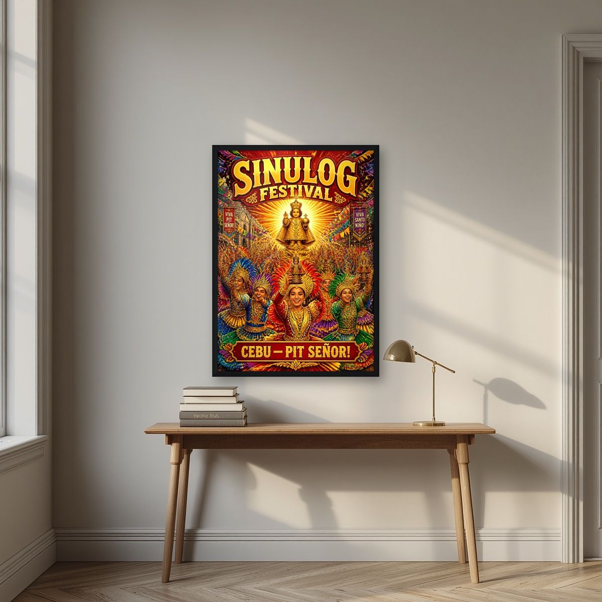 Pit Senor — Cebu art print, in a black frame, styled in a desk