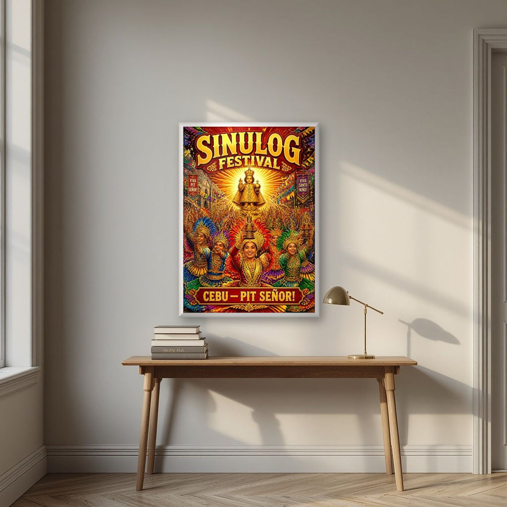 Pit Senor — Cebu art print, in a white frame, styled in a desk