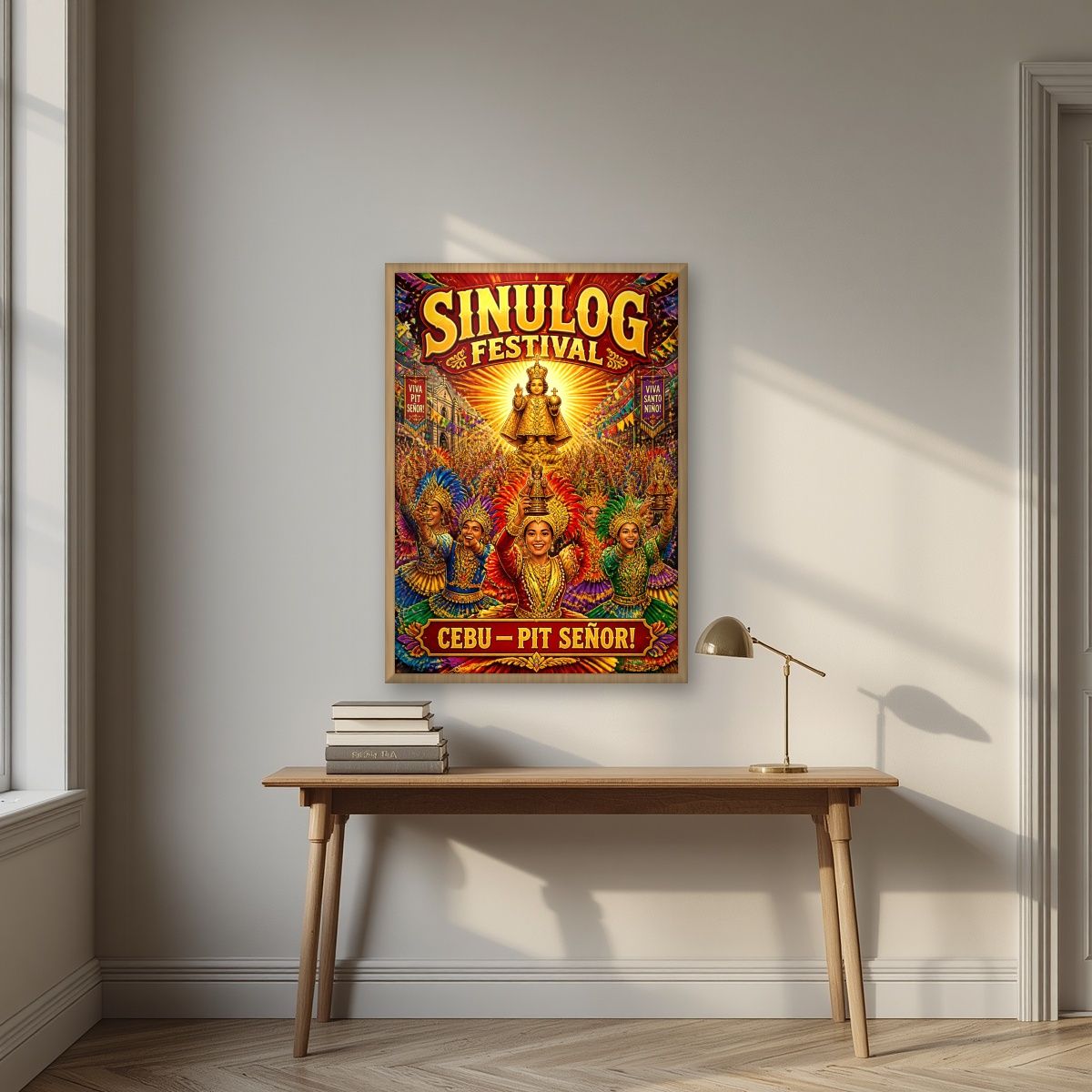Pit Senor — Cebu art print, in an oak frame, styled in a desk