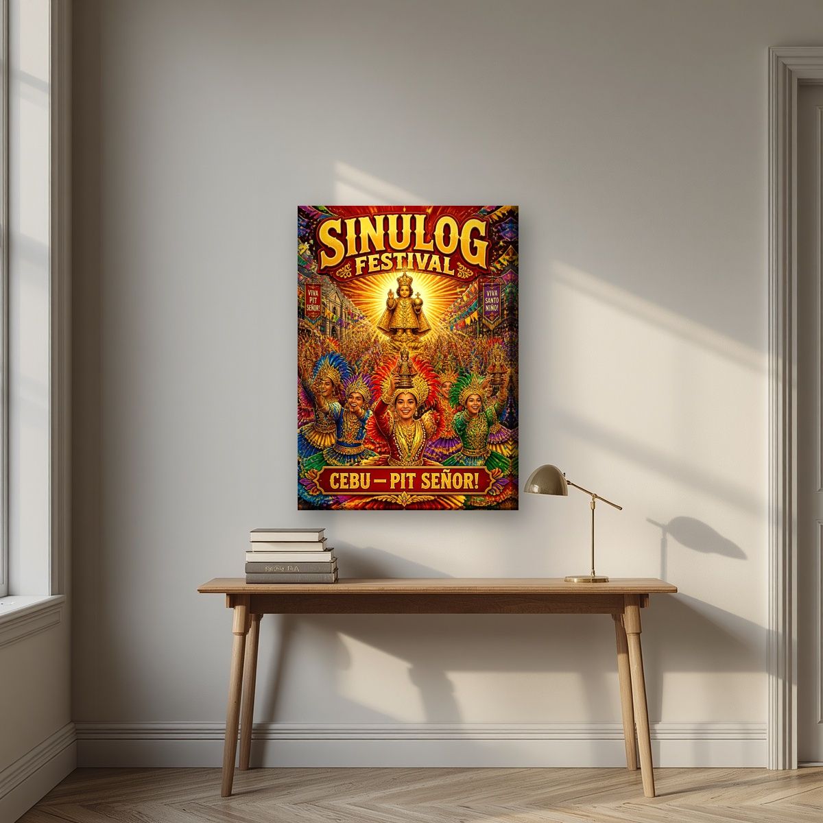 Pit Senor — Cebu art print, on slim canvas, styled in a desk