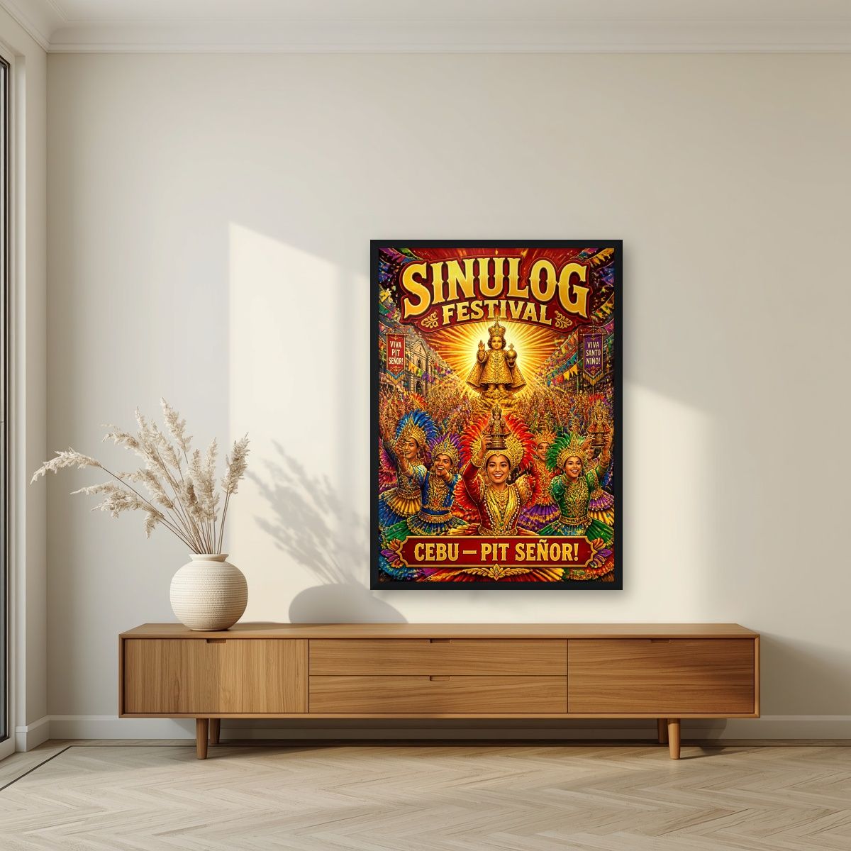 Pit Senor — Cebu art print, in a black frame, styled in a living room