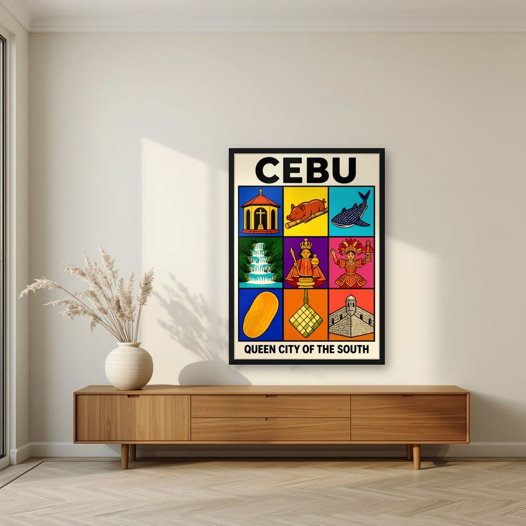 Siyam — Cebu art print, in a black frame, styled in a living room