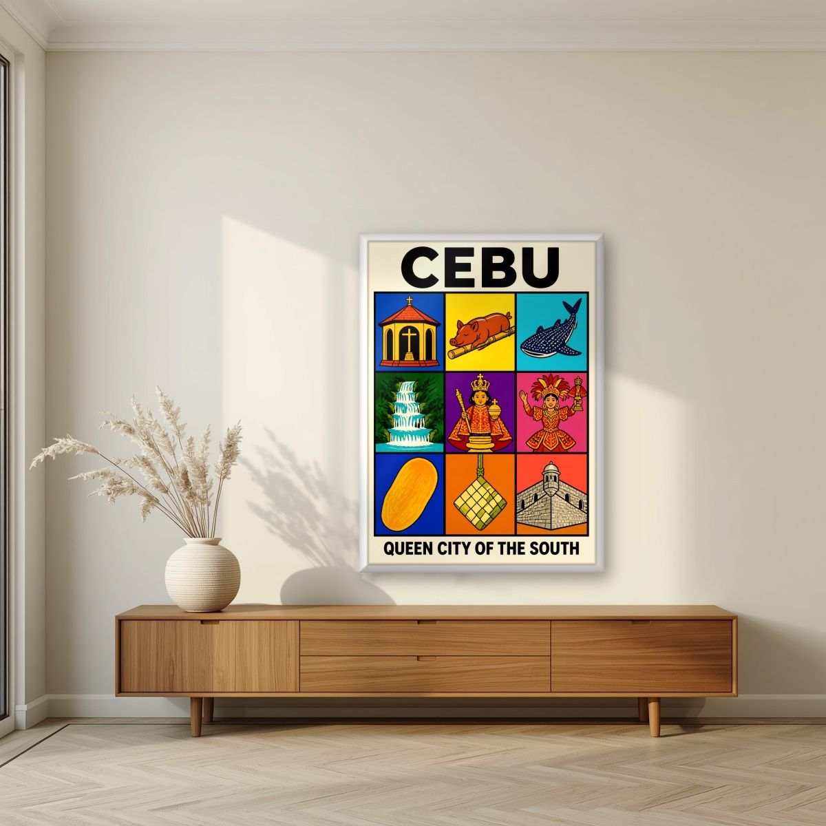 Siyam — Cebu art print, in a white frame, styled in a living room