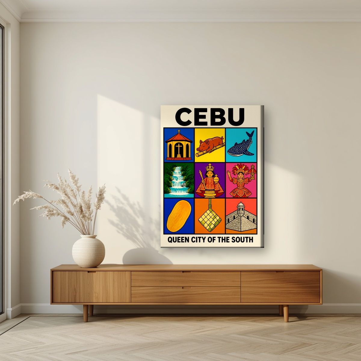 Siyam — Cebu art print, on slim canvas, styled in a living room