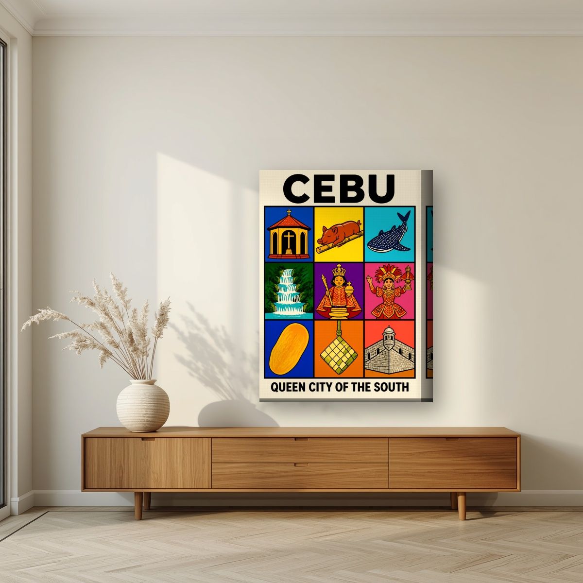 Siyam — Cebu art print, on thick canvas, styled in a living room