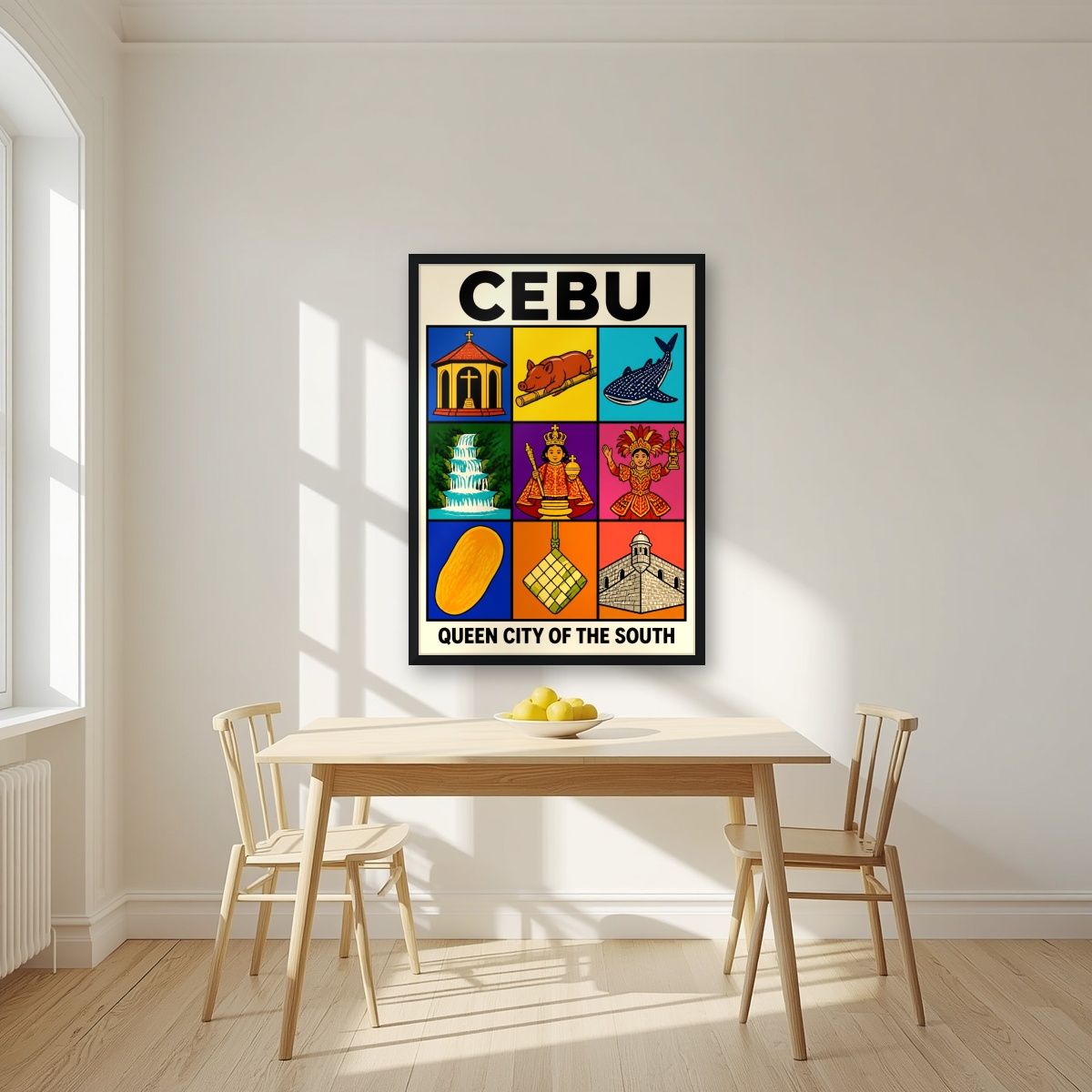 Siyam — Cebu art print, in a black frame, styled in a kitchen