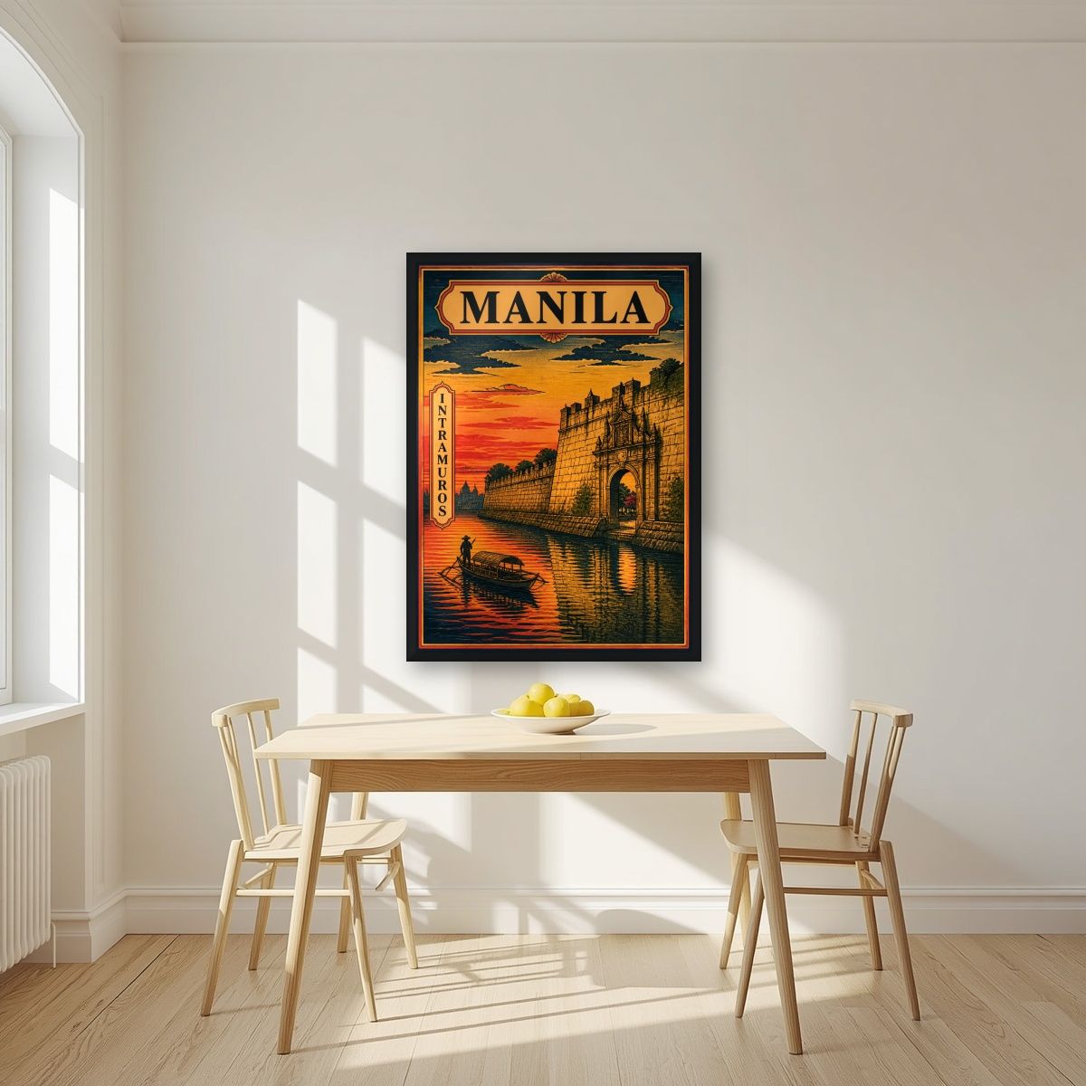 Intramuros — Manila art print, in a black frame, styled in a kitchen