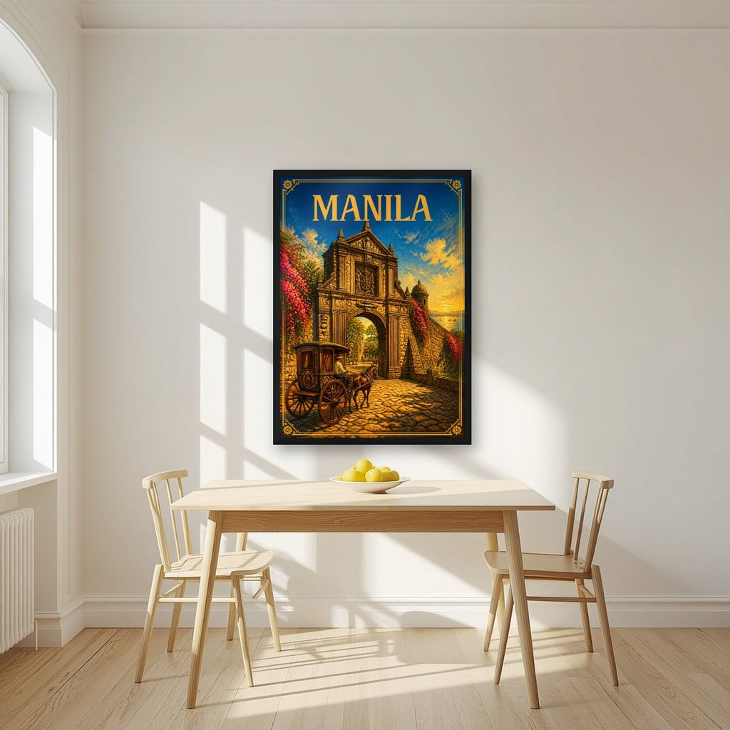 Kalesa sa Puerta — Manila art print, in a black frame, styled in a kitchen