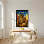 Kalesa sa Puerta — Manila art print, in a black frame, styled in a kitchen