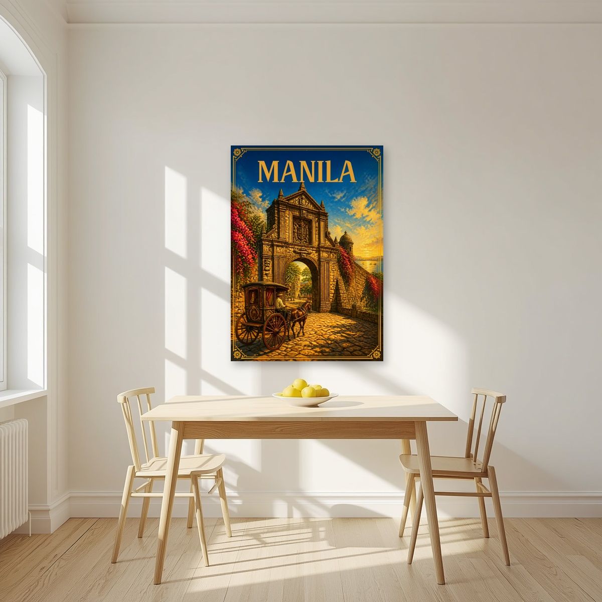 Kalesa sa Puerta — Manila art print, unframed poster, styled in a kitchen